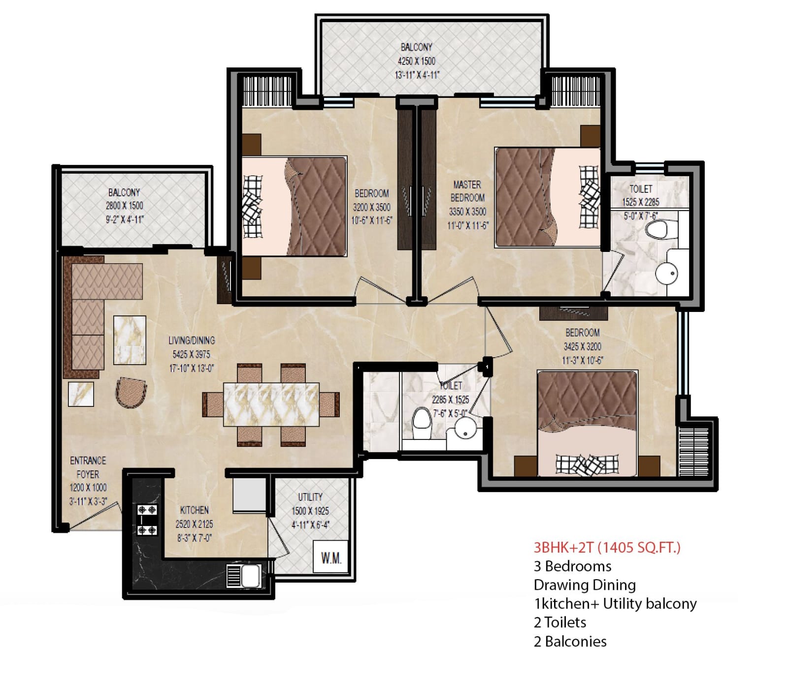 Oasis Grandstand 1405 sq ft floor plan 3BHK Sector 22D Yamuna Expressway Greater Noida