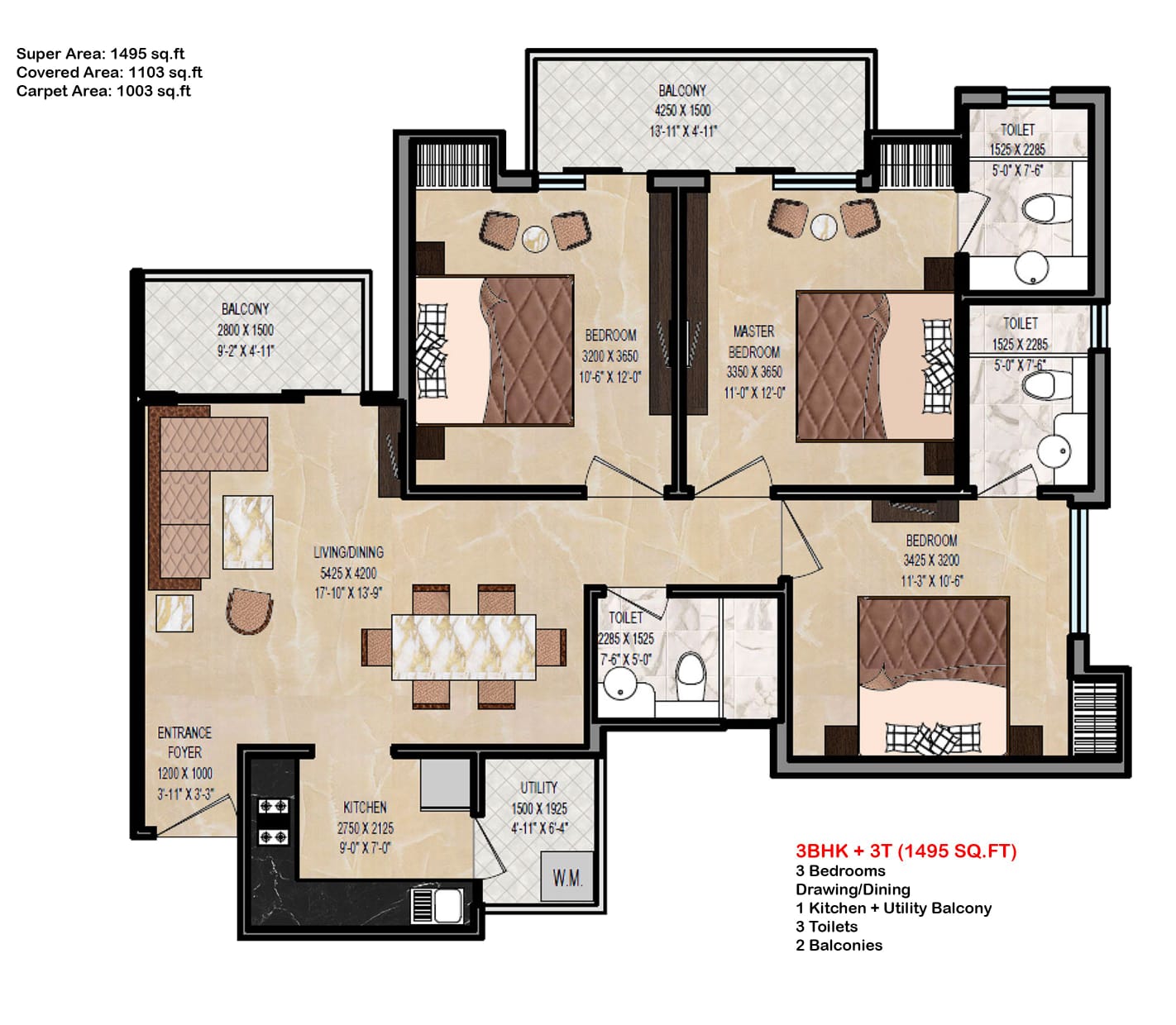 Oasis Grandstand 1495 sq ft floor plan 3BHK Sector 22D Yamuna Expressway Greater Noida