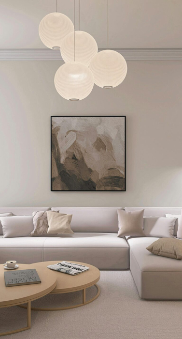 Elegant minimalist living room with neutral colors and modern decor.