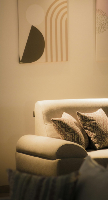 Stylishly decorated sofa with modern cushions and abstract wall art.